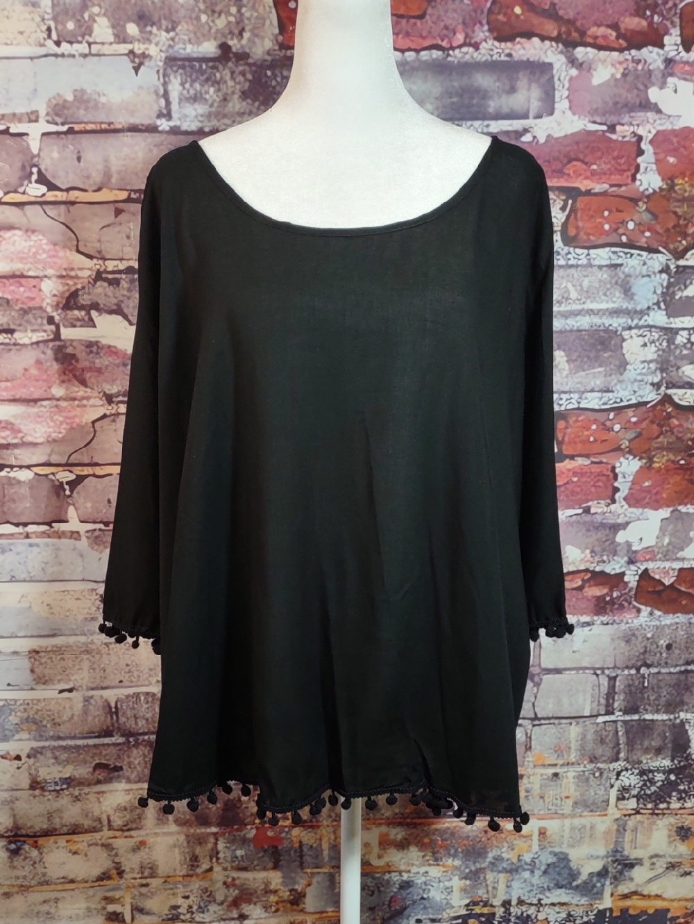 Be Mind Pom-Pom Trim Poncho Top